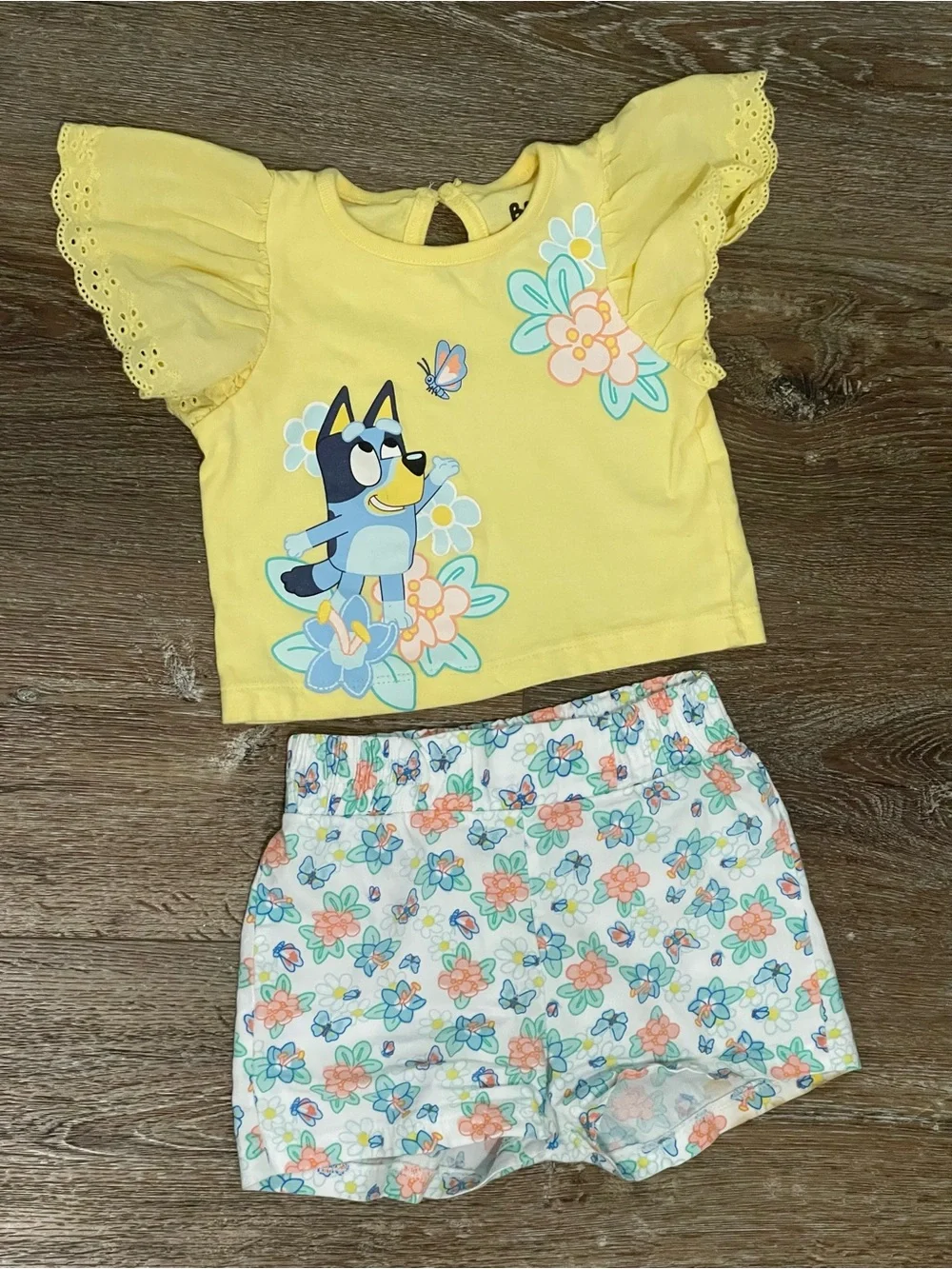 Yellow Bluey Floral Tee and Floral Shorts Set